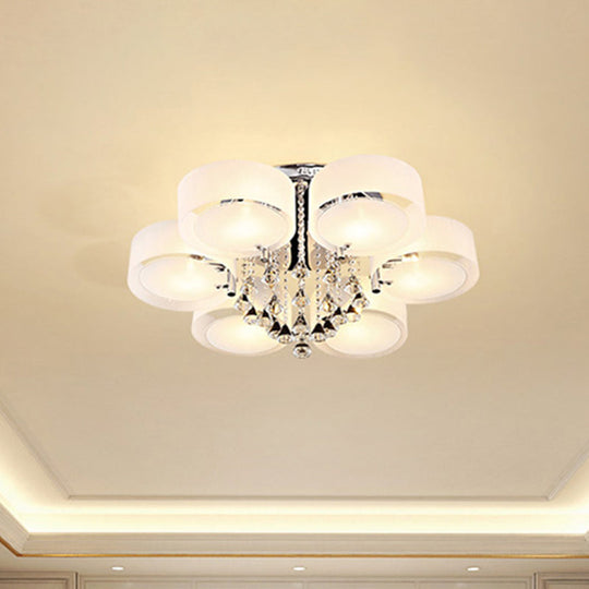 Modern Drum Flush Mount With Frosted Glass & Crystal Drop - 3/5/6 Head White Ceiling Light