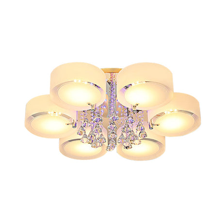 Modern Drum Flush Mount With Frosted Glass & Crystal Drop - 3/5/6 Head White Ceiling Light