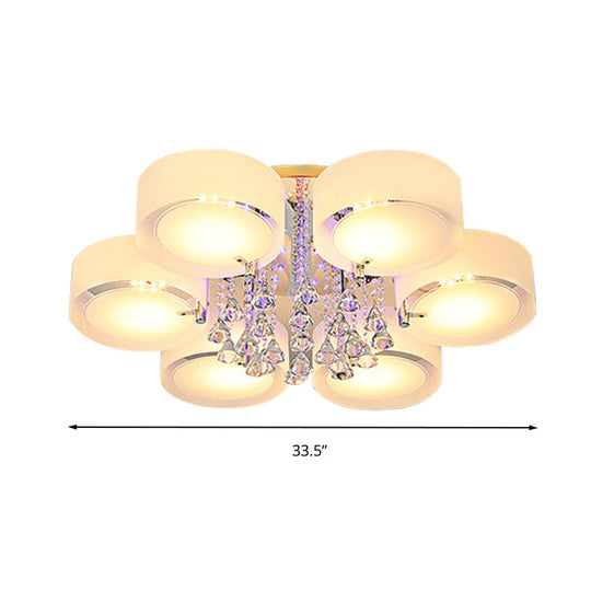 Modern Drum Flush Mount With Frosted Glass & Crystal Drop - 3/5/6 Head White Ceiling Light