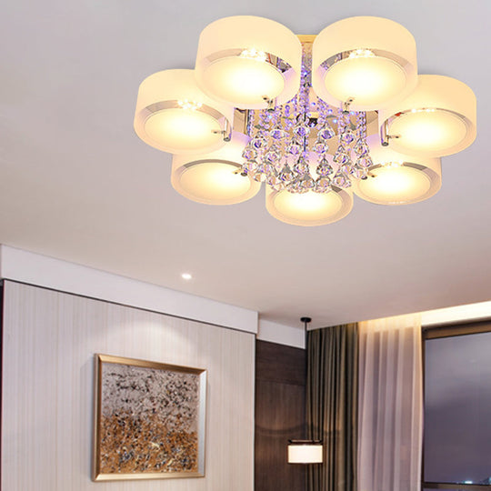 Modern Drum Flush Mount With Frosted Glass & Crystal Drop - 3/5/6 Head White Ceiling Light