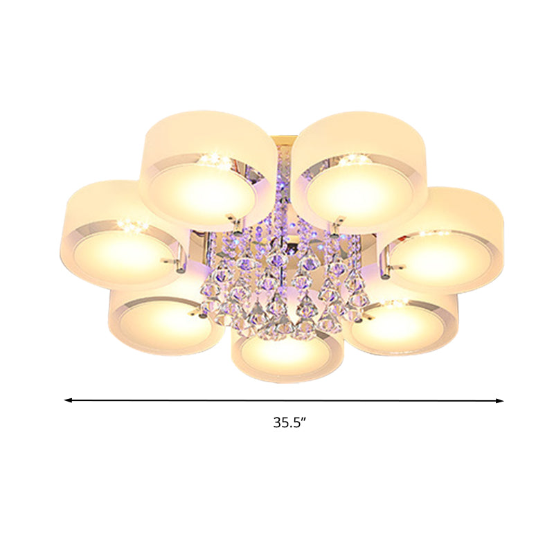 Modern Drum Flush Mount With Frosted Glass & Crystal Drop - 3/5/6 Head White Ceiling Light
