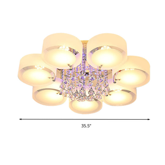 Modern Drum Flush Mount With Frosted Glass & Crystal Drop - 3/5/6 Head White Ceiling Light