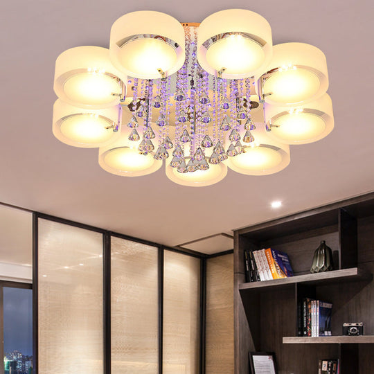 Modern Drum Flush Mount With Frosted Glass & Crystal Drop - 3/5/6 Head White Ceiling Light