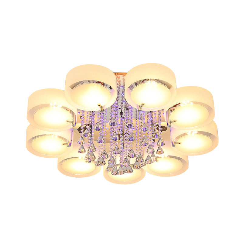 Modern Drum Flush Mount With Frosted Glass & Crystal Drop - 3/5/6 Head White Ceiling Light