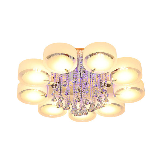 Modern Drum Flush Mount With Frosted Glass & Crystal Drop - 3/5/6 Head White Ceiling Light