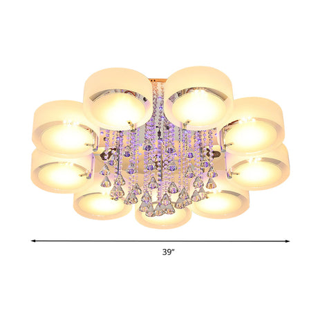 Modern Drum Flush Mount With Frosted Glass & Crystal Drop - 3/5/6 Head White Ceiling Light