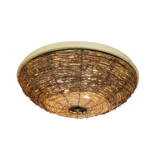 Traditional Rattan Wood Bowl Flush Ceiling Lamp - 3 Bulb Light Fixture 12.5’/16.5’ Wide