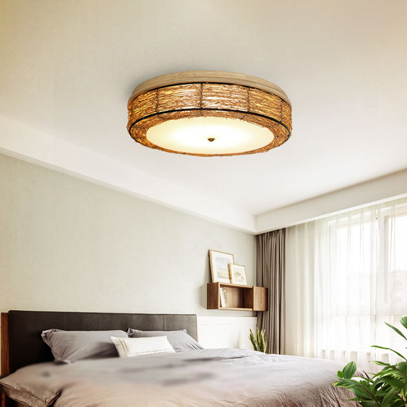 Traditional Rattan Round Flush Mount Chandelier - 12.5’/16.5’ Wide 5 Bulbs Wood Ceiling