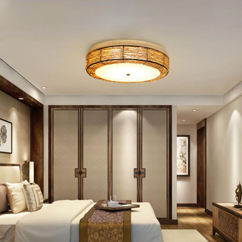 Traditional Rattan Round Flush Mount Chandelier - 12.5’/16.5’ Wide 5 Bulbs Wood Ceiling