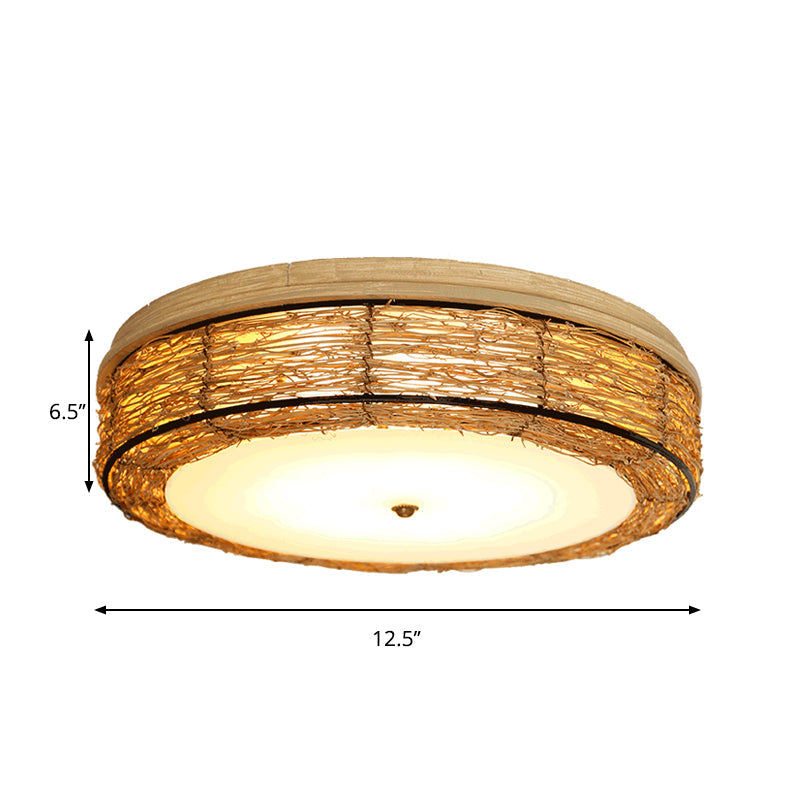 Traditional Rattan Round Flush Mount Chandelier - 12.5’/16.5’ Wide 5 Bulbs Wood Ceiling