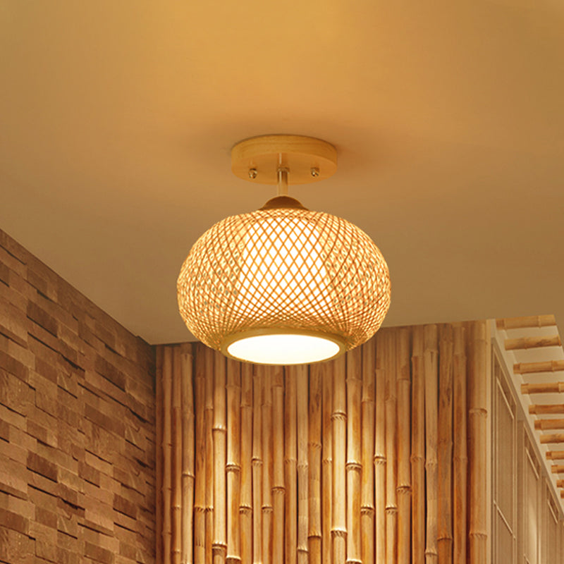 Bamboo Wood Lantern Semi-Flush Mount Ceiling Fixture - 10’/14’/16’ Wide / 16’