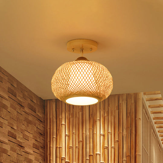 Bamboo Wood Lantern Semi-Flush Mount Ceiling Fixture - 10’/14’/16’ Wide / 16’