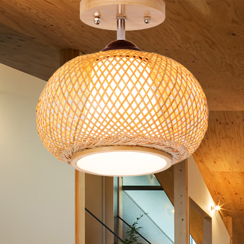 Bamboo Wood Lantern Semi-Flush Mount Ceiling Fixture - 10’/14’/16’ Wide / 14’