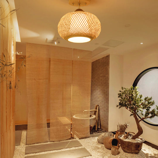 Bamboo Wood Lantern Semi-Flush Mount Ceiling Fixture - 10’/14’/16’ Wide