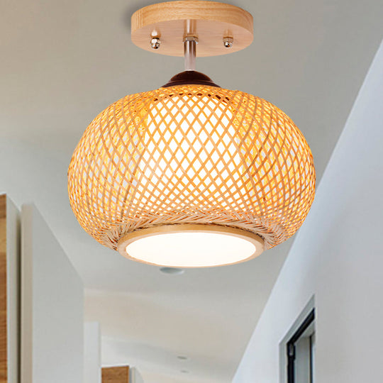 Bamboo Wood Lantern Semi-Flush Mount Ceiling Fixture - 10’/14’/16’ Wide