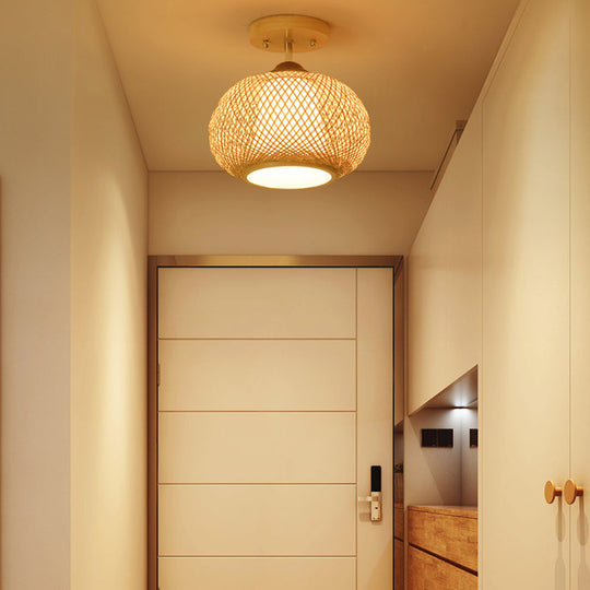 Bamboo Wood Lantern Semi-Flush Mount Ceiling Fixture - 10’/14’/16’ Wide