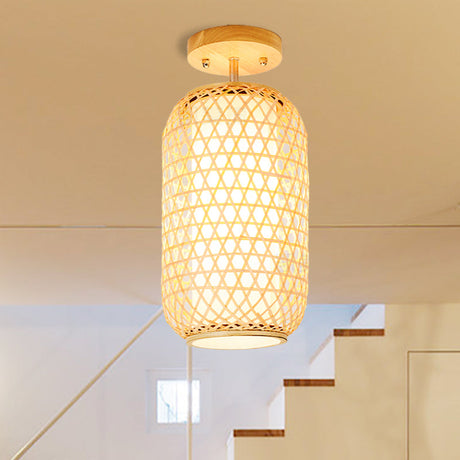 Modernist Bamboo Ceiling Mounted Semi Flush Light Fixture For Living Room - Wood Finish / A