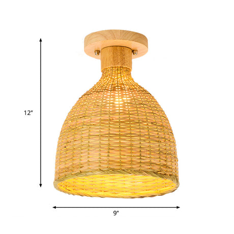 Modernist Bamboo Ceiling Mounted Semi Flush Light Fixture For Living Room - Wood Finish