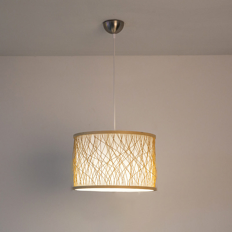 Modern Bamboo Pendant Lighting With Cylindrical Design - Wood Fixture 1 Bulb Hanging Light