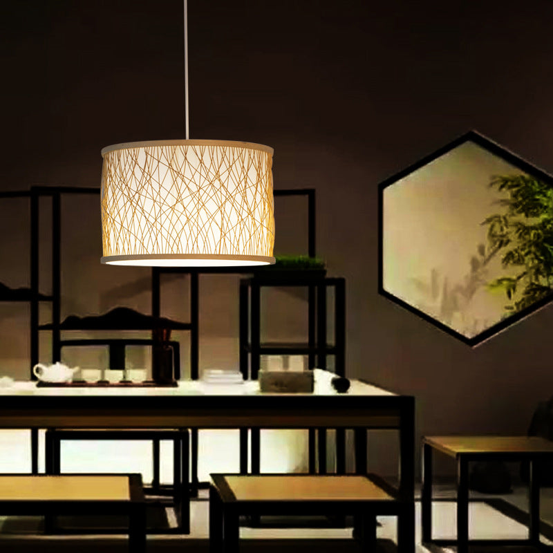 Modern Bamboo Pendant Lighting With Cylindrical Design - Wood Fixture 1 Bulb Hanging Light