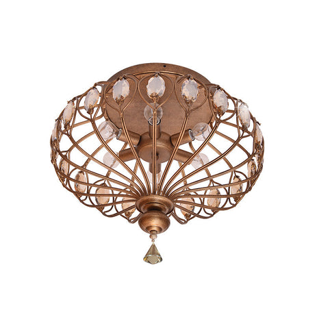 Metal Cage Crystal Flush Mount Lamp 3/6 Lights Brass