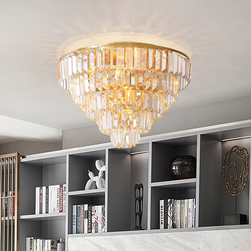 Vintage Crystal Block Flush Mount Lamp - 16/19.5 Dia 5/6 Heads Gold Finish