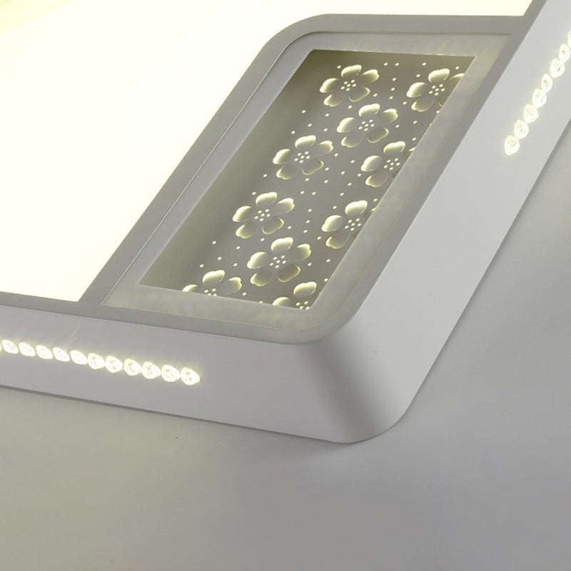 Modern Rectangle Ceiling Light Fixture: Acrylic White Led Flush Mount With Crystal Beaded Accent