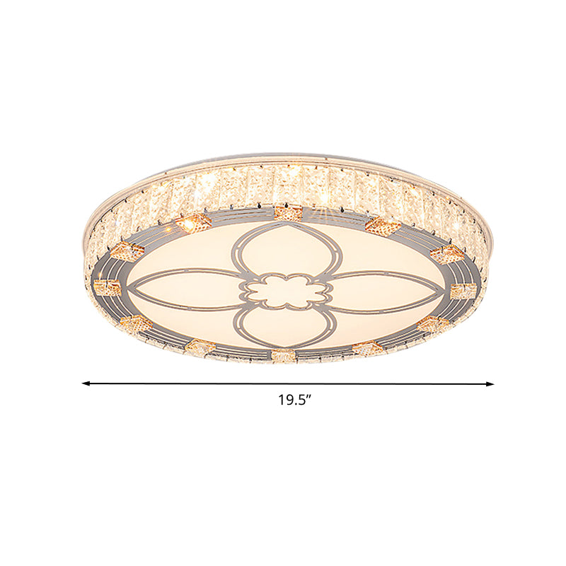 Contemporary Round Flush Mount Led Ceiling Light - White Acrylic Fixture With Crystal Accent