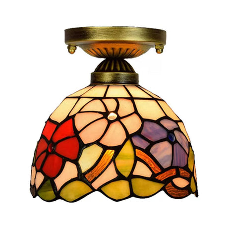Tiffany Stained Glass Bedroom Ceiling Light: Antique Brass Semi-Flush Mount With Floral Shade