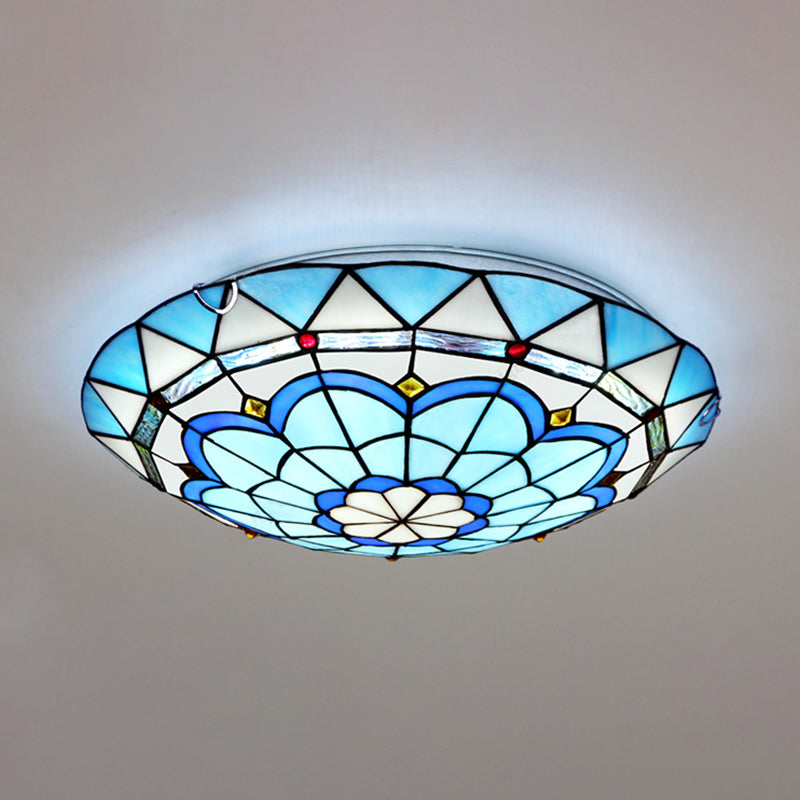 Vintage Stained Glass Flush Mount Ceiling Light In Blue - 12’/16’ Bowl Shape