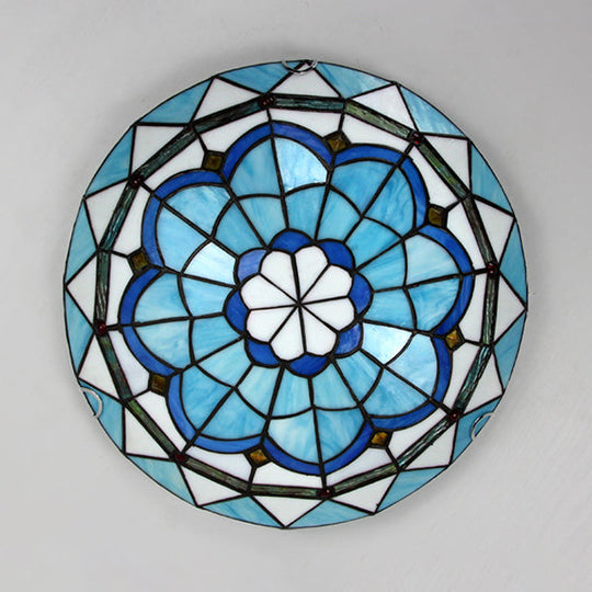 Vintage Stained Glass Flush Mount Ceiling Light In Blue - 12’/16’ Bowl Shape