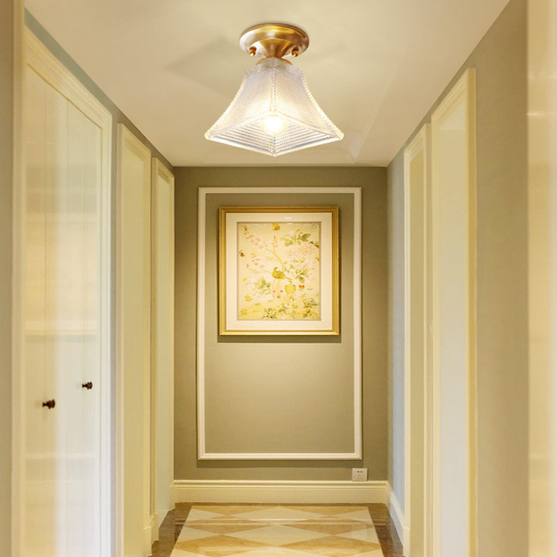 Colonial Brass Clear Ribbed Glass Flush Mount Light - 7.5’/8’ Width Cone/Bell Ceiling Fixture