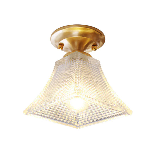 Colonial Brass Clear Ribbed Glass Flush Mount Light - 7.5/8 Width Cone/Bell Ceiling Fixture Single