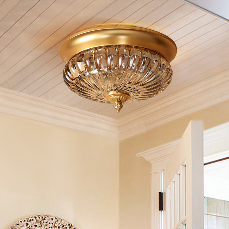 Brass Flush Mount Lamp With Prismatic Glass Dome For Corridor - 2 Heads Colonial Style 10/12 W / 10