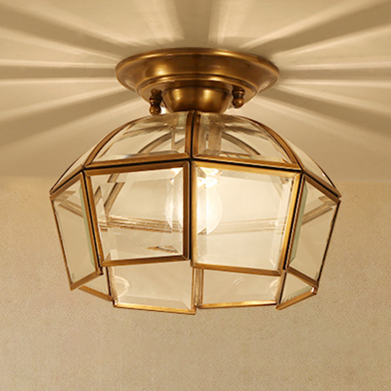 Beveled Colonial Ceiling Flush Mount Light Fixture - 1 Bulb Clear Glass Brass