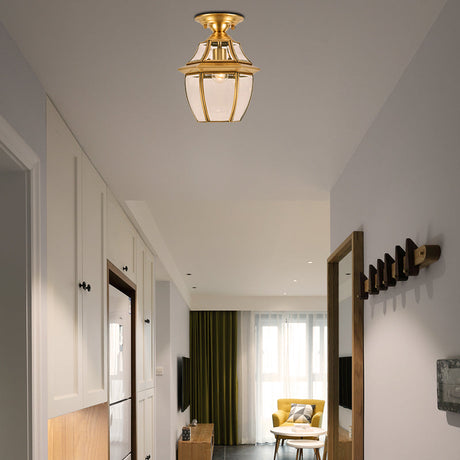 Clear Bevel Glass Lantern Bedroom Flush Mount Light - Colonial 1-Bulb Brass Ceiling Lamp