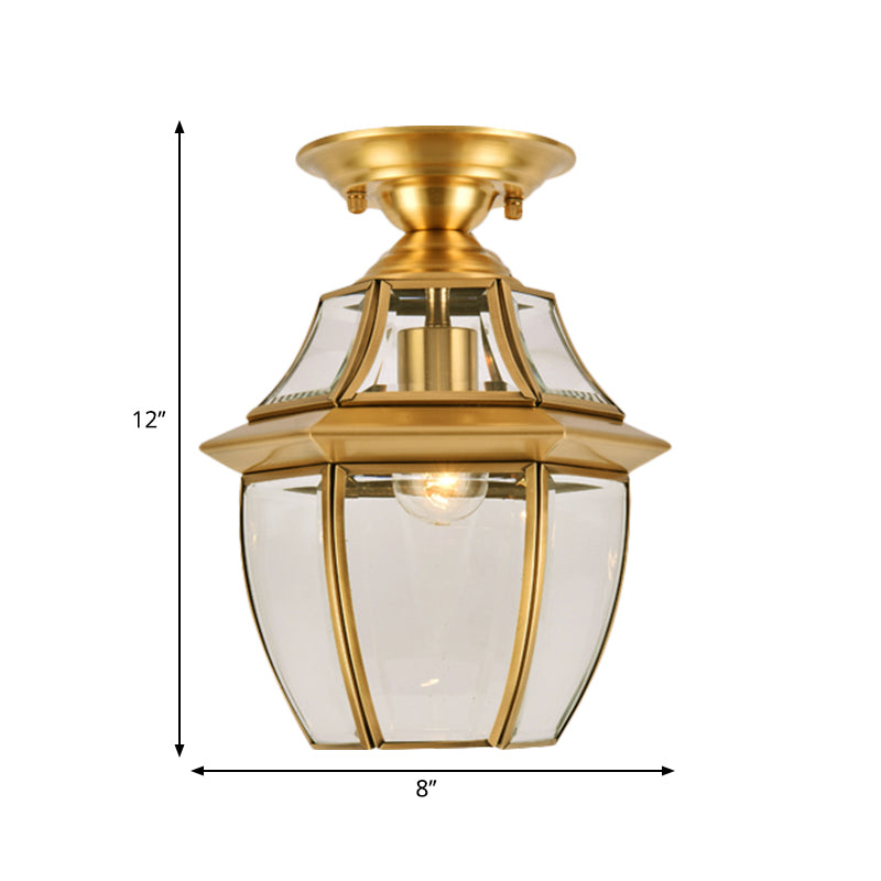 Clear Bevel Glass Lantern Bedroom Flush Mount Light - Colonial 1-Bulb Brass Ceiling Lamp