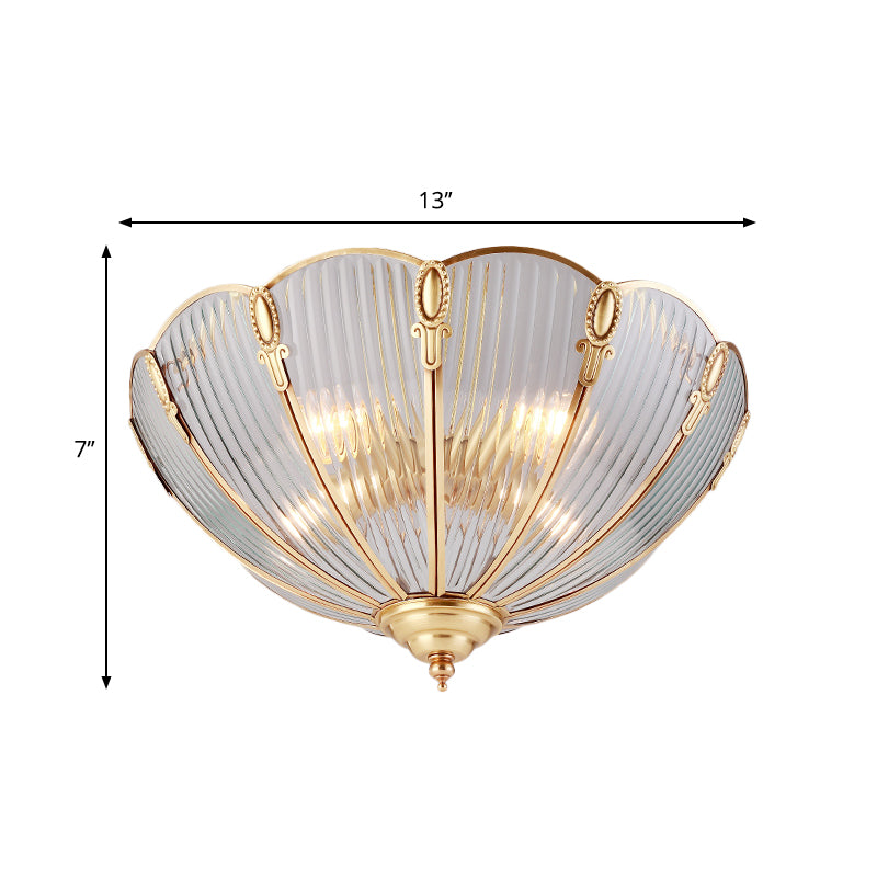 Prismatic Glass Flush Mount Ceiling Light With Colonial Brass Finish - 3-Light Scalloped Design