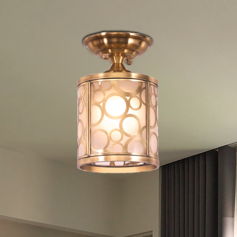 Brass Frosted Glass Ceiling Flush Mount Lamp Colonialist Style For Living Room / Circle