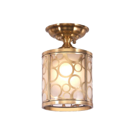 Brass Frosted Glass Ceiling Flush Mount Lamp Colonialist Style For Living Room