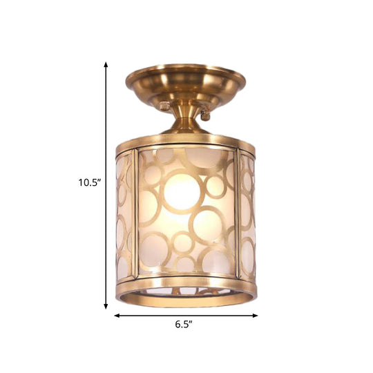 Brass Frosted Glass Ceiling Flush Mount Lamp Colonialist Style For Living Room
