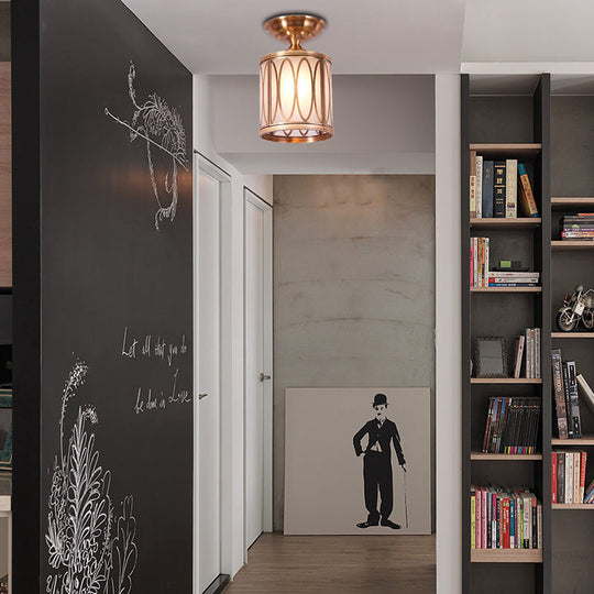 Brass Frosted Glass Ceiling Flush Mount Lamp Colonialist Style For Living Room