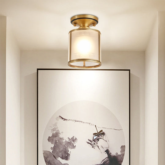 Colonial Cylinder Ceiling Light Fixture - 1 Bulb White Glass Flush Mount Brass Lighting