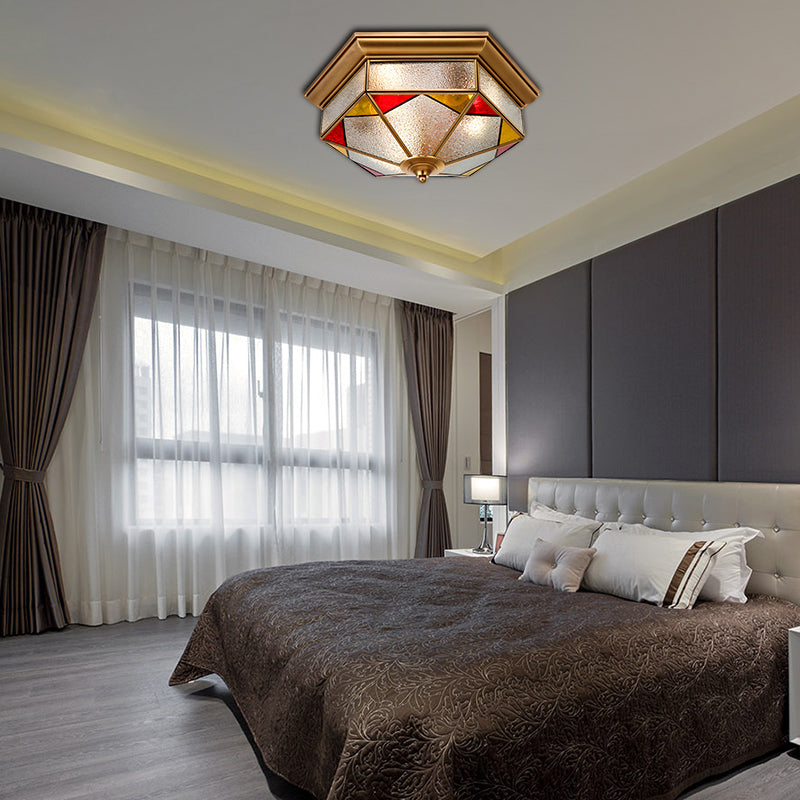 Hexagonal Red Bubble Glass Flush Mount Lamp For Bedroom - 2/3 Heads 12.5/19 W