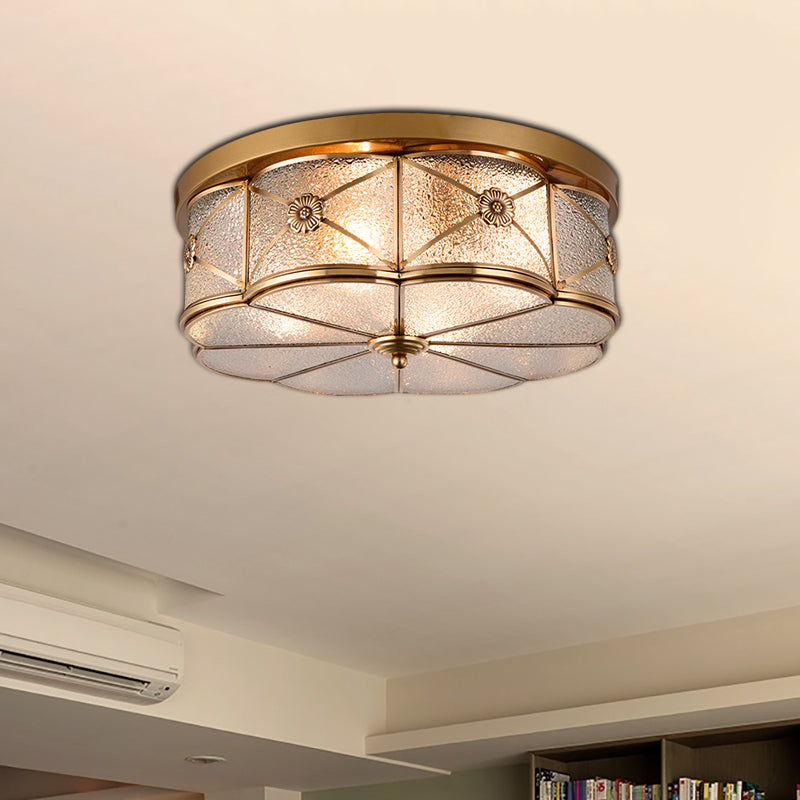 Scalloped Glass Bedroom Flush Mount Light - 14/18 W Colonial Brass Lamp With Seedy Shade Close To