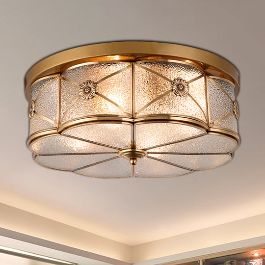 Scalloped Glass Bedroom Flush Mount Light - 14/18 W Colonial Brass Lamp With Seedy Shade Close To