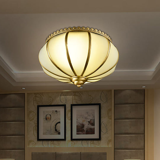 Retro White Glass Sphere Flush Mount Ceiling Light Fixture - 3 Brass Heads Ideal For Bedroom 14/18