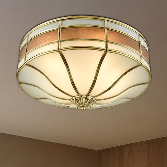 Colonial Brass Drum Ceiling Light With Opaline Glass - 3 Bulb Flush Mount For Bedroom
