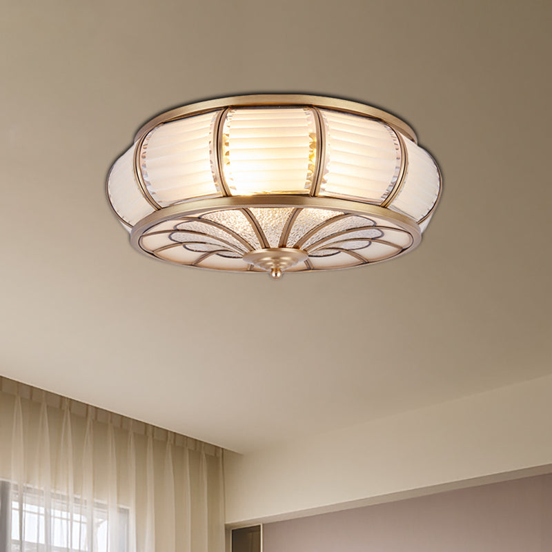 Colonial Cream Glass Drum Ceiling Lighting - 3/4 Heads Flush Mount Fixture Brass Finish 14/16.5