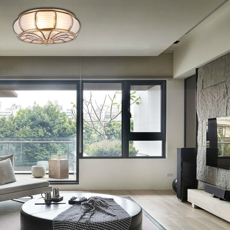 Colonial Cream Glass Drum Ceiling Lighting - 3/4 Heads Flush Mount Fixture Brass Finish 14/16.5